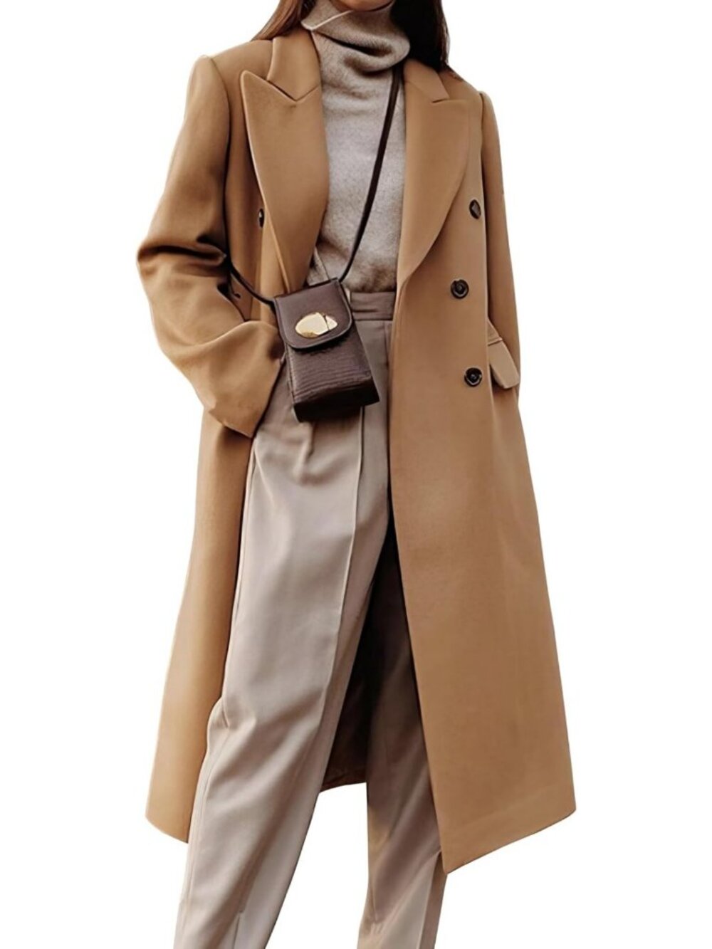 Chic Women's Long Wool Trench Coat - Double Breasted Peacoat for Fall & Winter
